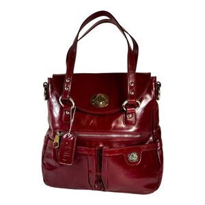 Della Red Patent Leather Large Handbag Purse Bag Multiple Pockets & Gold Accents